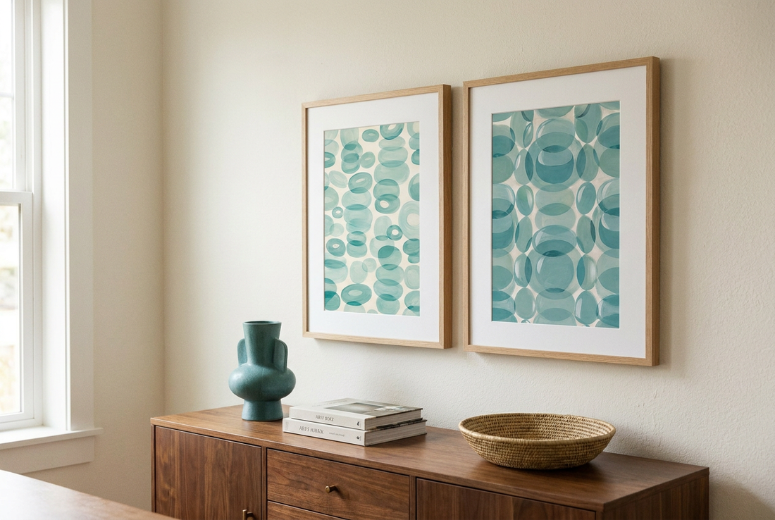 Teal circles and teal ovals prints in oak frames above a walnut sideboard