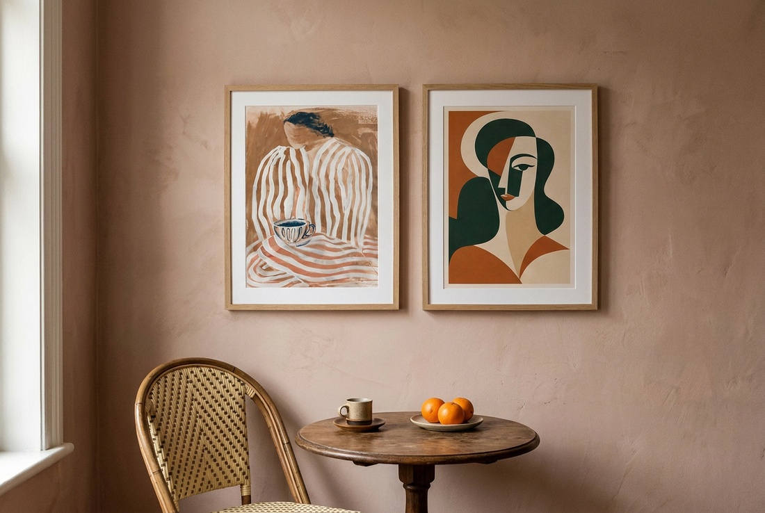 Two terracotta figurative prints in oak frames on a clay pink wall above a cafe table
