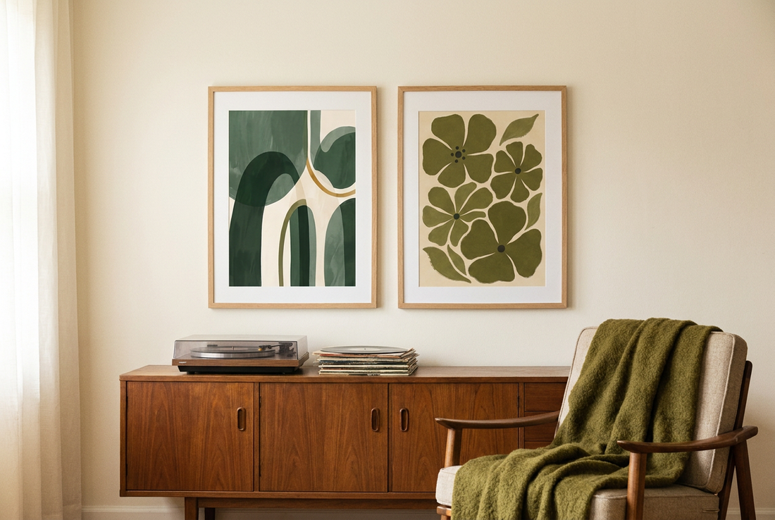 Green and gold organic shapes and olive floral prints in oak frames above a walnut credenza