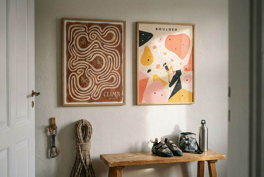 Two climbing art prints above a pine bench with climbing shoes, chalk bag and rope