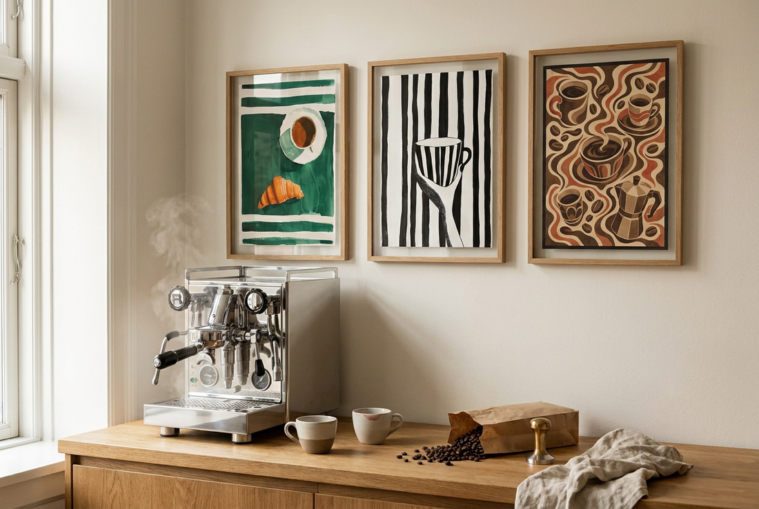 Three coffee art prints above an oak counter with a chrome espresso machine