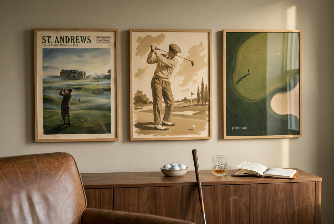 Three golf art prints above a walnut cabinet in a study with a leather chair and putter