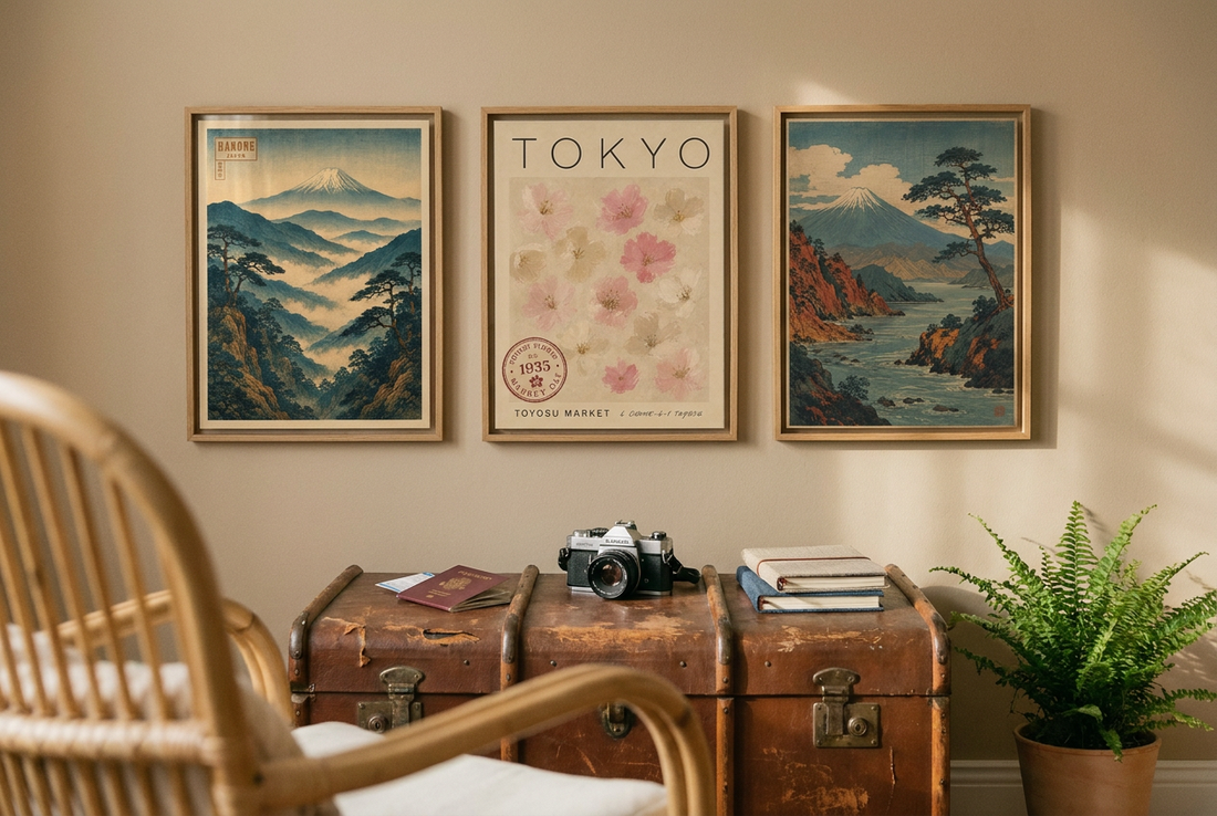 Three Japan travel posters above a vintage leather trunk in a traveller's reading corner
