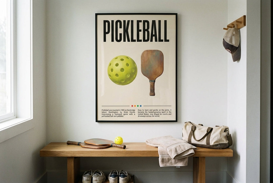 Pickleball poster in a black frame above a mudroom bench with paddles