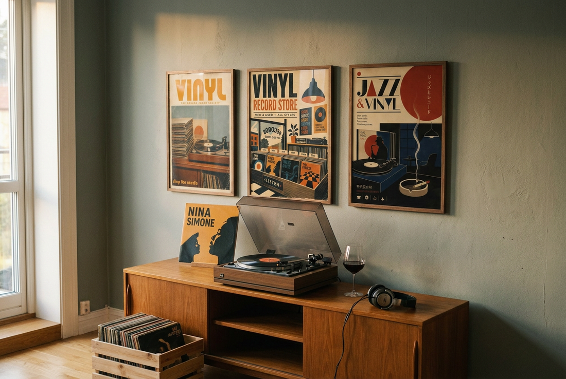 Three retro vinyl posters above a teak console with a turntable and record crate