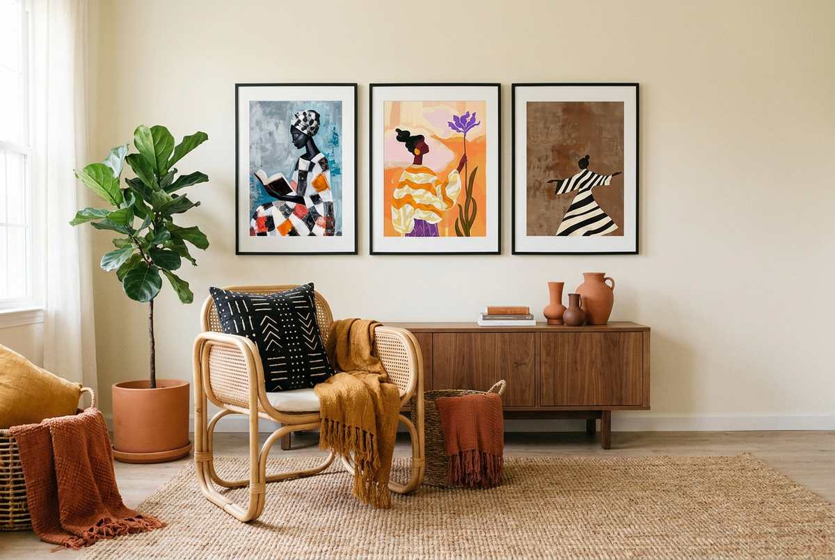 Three African woman art prints in black frames above a walnut sideboard with terracotta vases