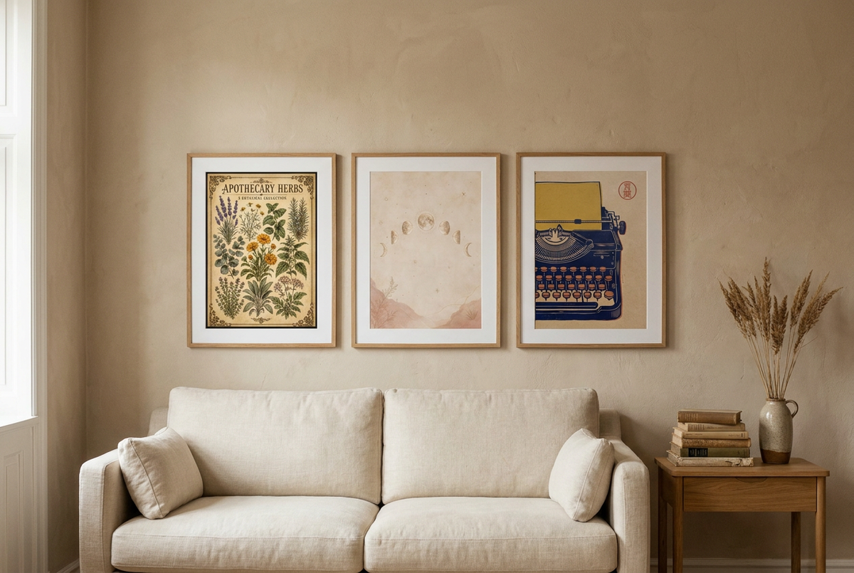 Beige living room gallery wall with three prints in oak frames above a cream sofa