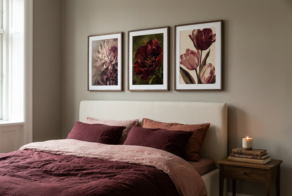 Three burgundy floral prints in dark frames above a cream headboard with burgundy and blush bedding
