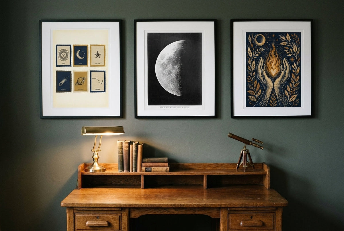 Three celestial prints in black frames above a vintage oak desk with a brass lamp and telescope