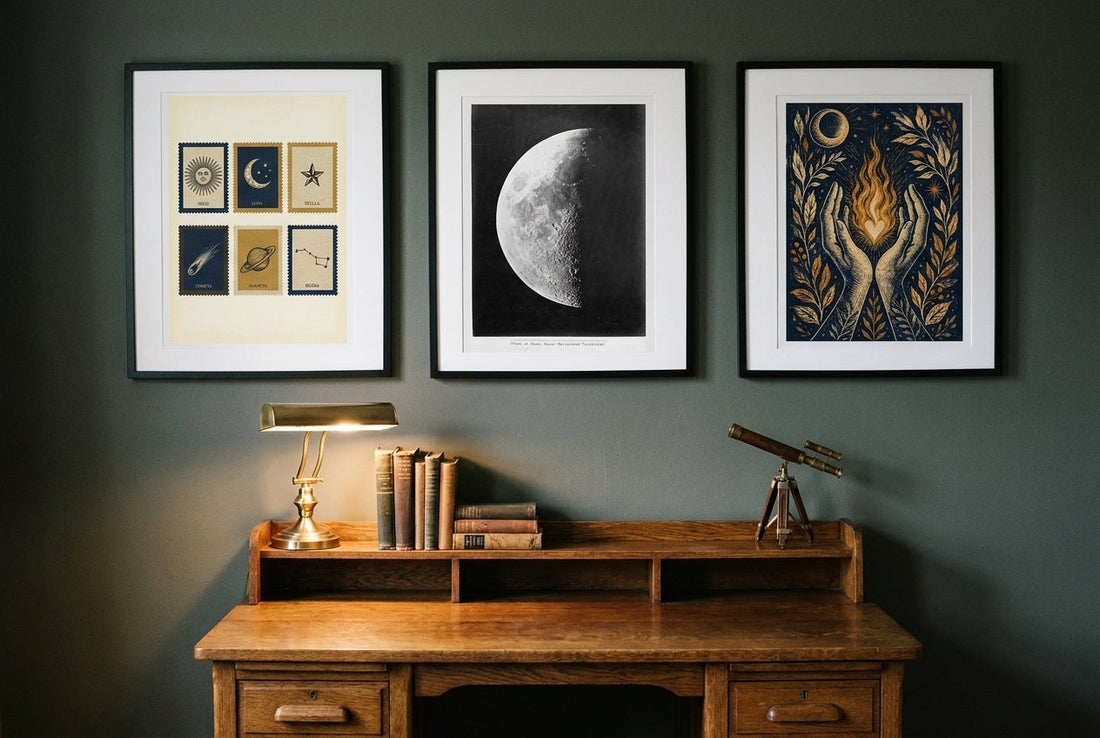 Three celestial prints in black frames above a vintage oak desk with a telescope