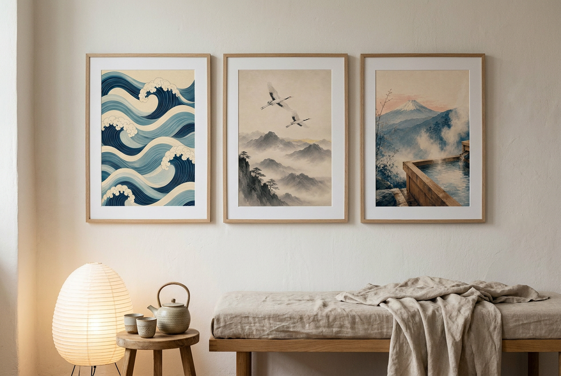 Three Japanese prints in light oak frames above a low oak bench with a paper lantern