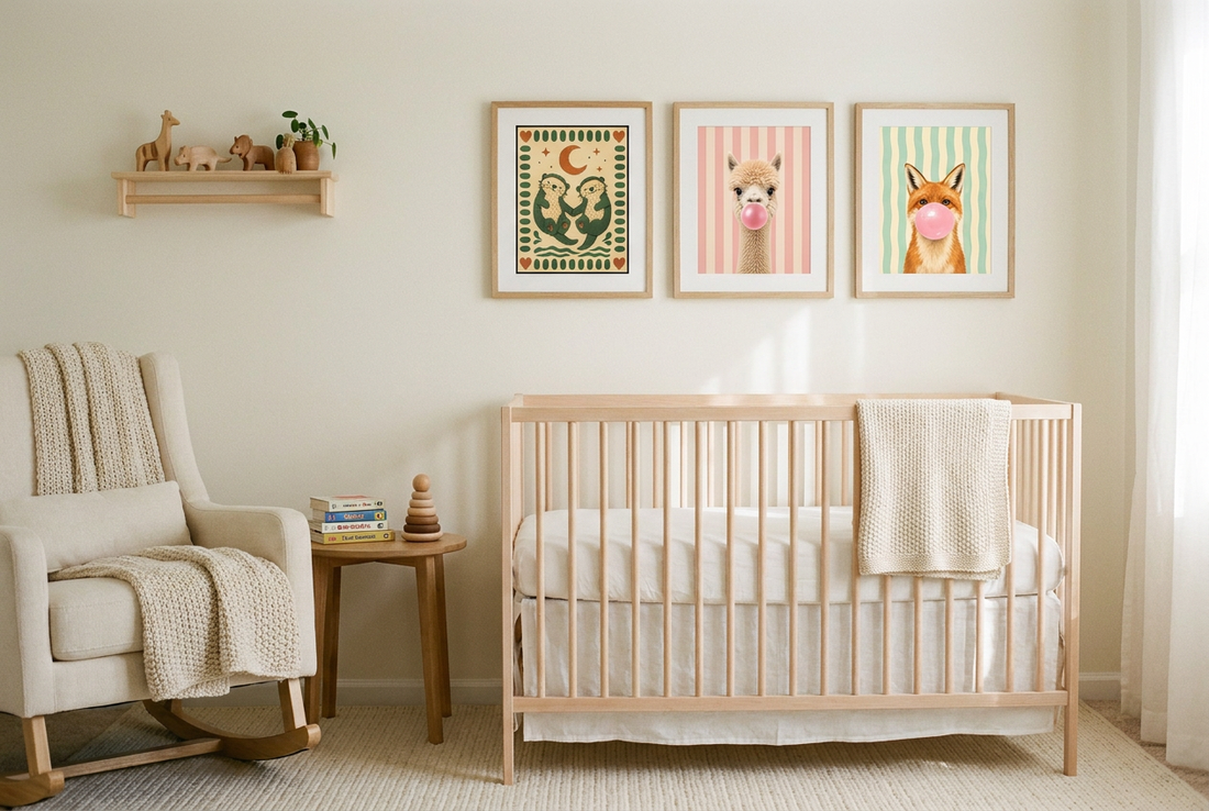 Three animal nursery prints in oak frames above a wooden crib with a cream rocking chair