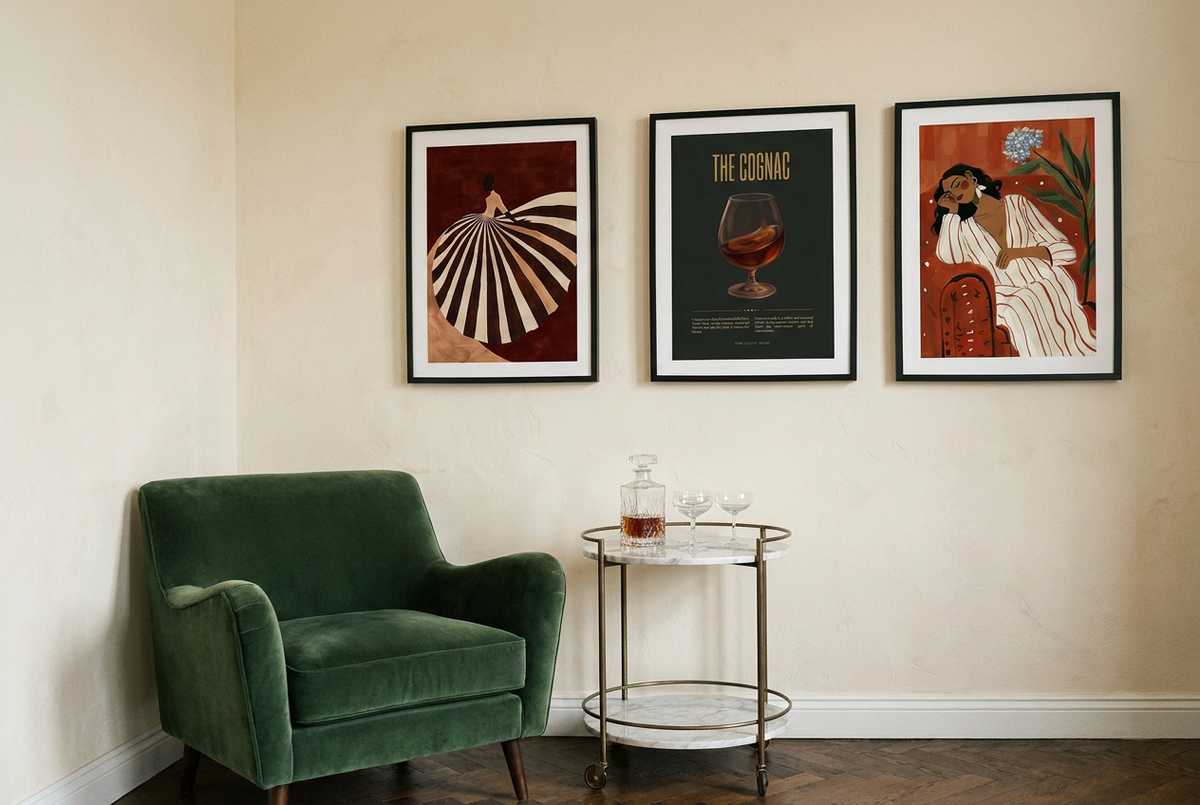 Three art prints in black frames above a marble bar cart beside a green velvet armchair