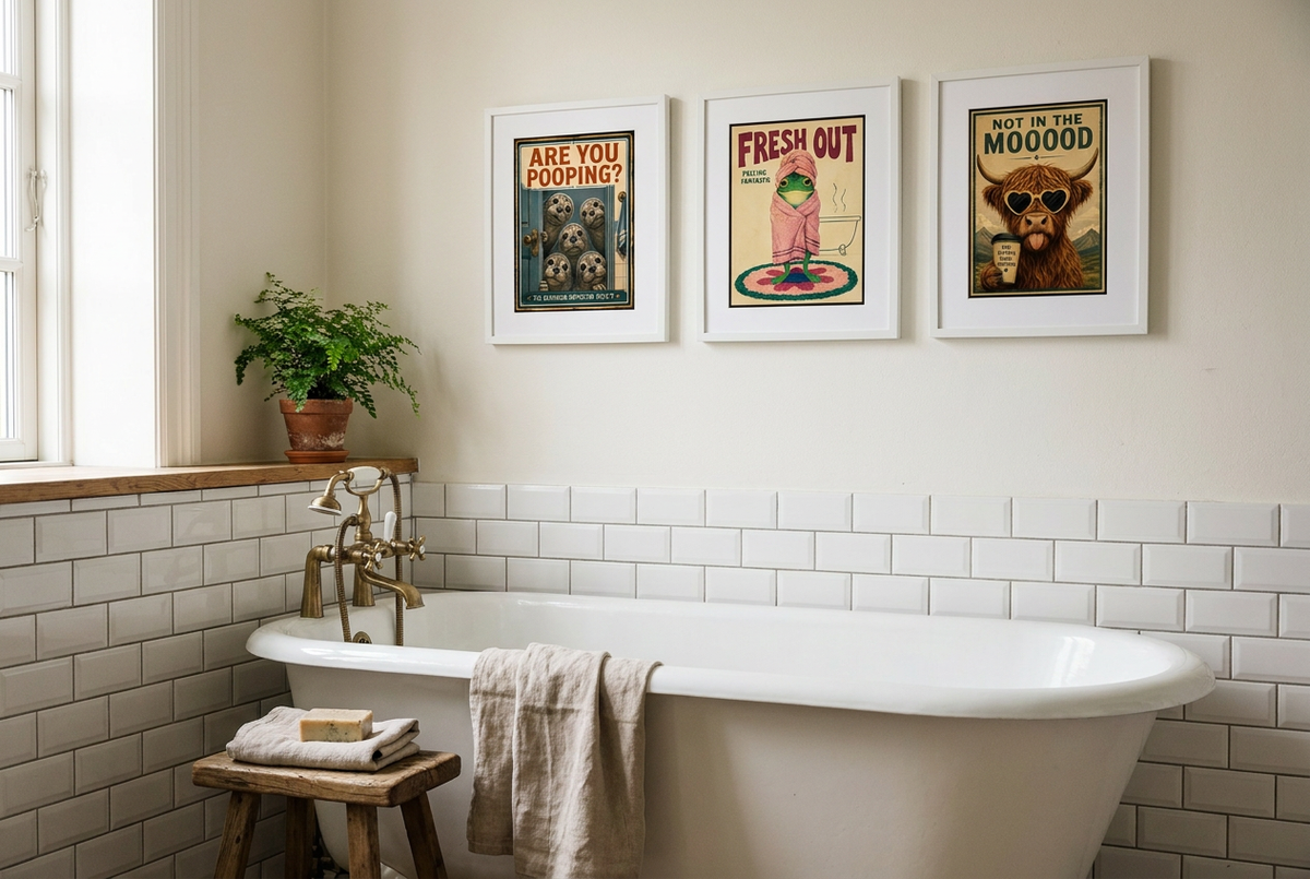 Three funny animal prints in white frames above a freestanding tub with brass taps