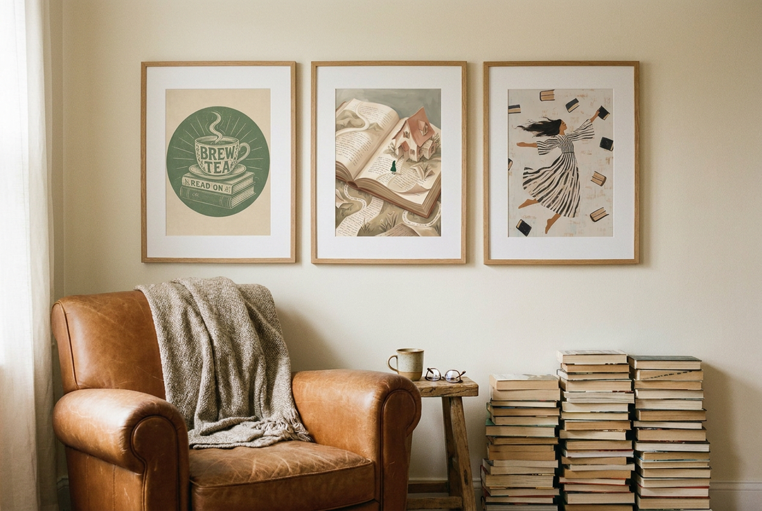 Three book-themed prints in oak frames above a caramel leather armchair with stacks of books