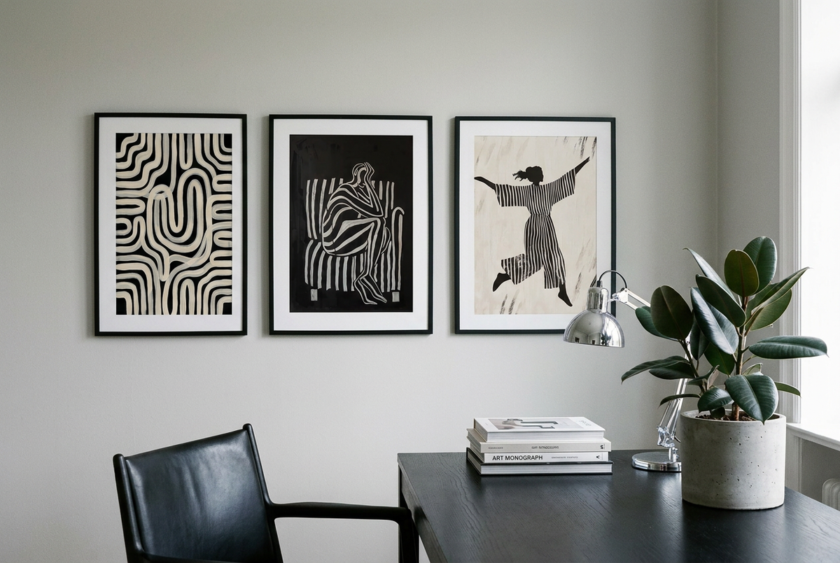 Three black and white prints in black frames above a black desk with a rubber plant