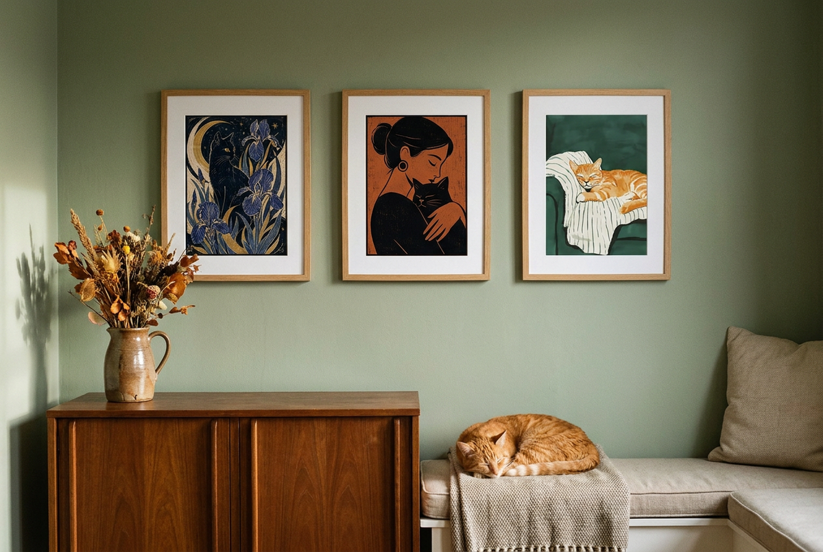 Three cat art prints in oak frames on a sage wall above a walnut cabinet, with a real ginger cat sleeping on a bench