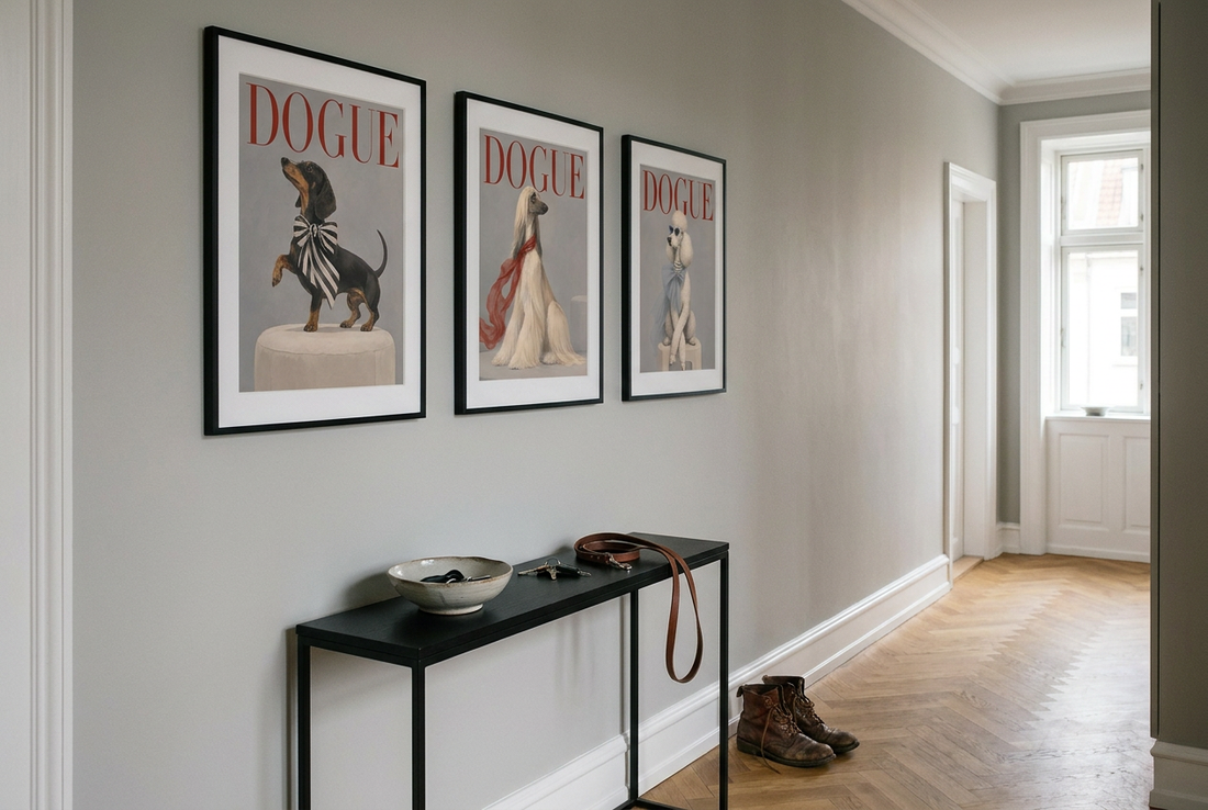 Three DOGUE fashion dog prints in black frames in a hallway with a console table and a dog leash