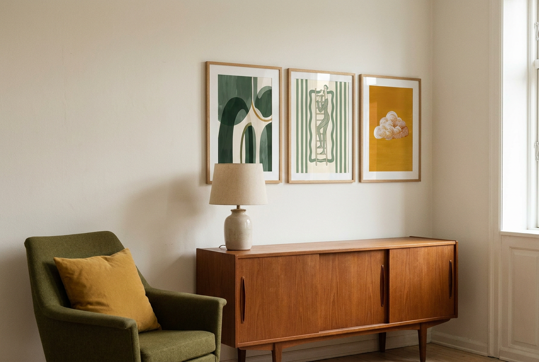 Three mid-century prints in oak frames above a teak sideboard with an olive armchair