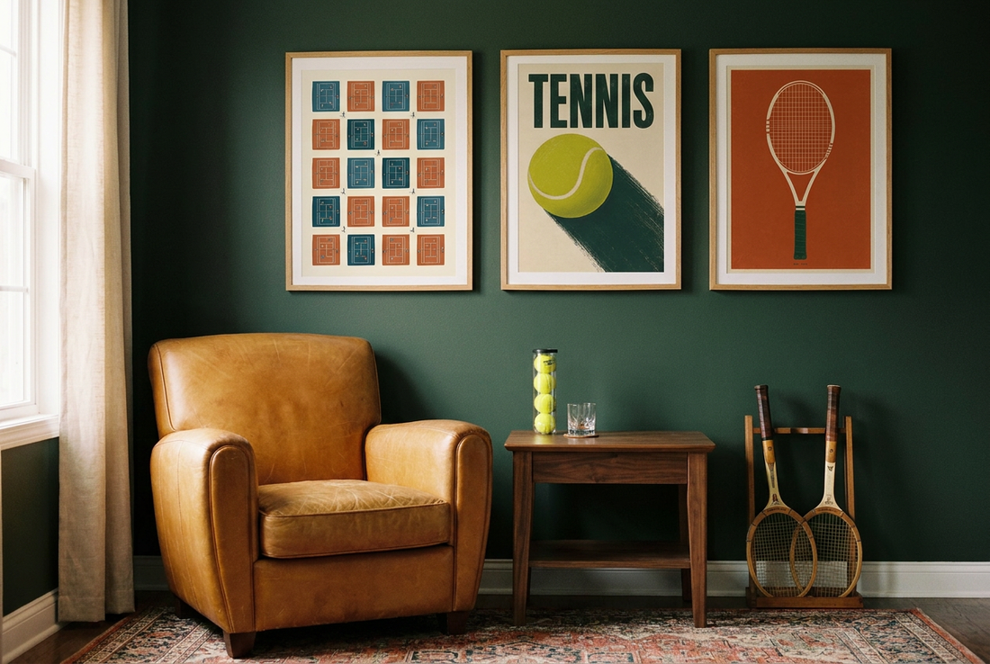 Three tennis prints in oak frames on a dark green wall above a leather club chair and vintage rackets