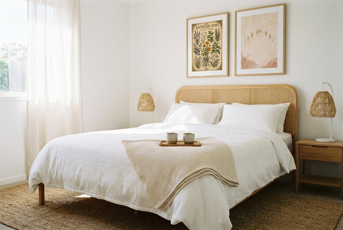 Bright rental guest bedroom with rattan headboard and two framed prints — apothecary herbs and moon phases