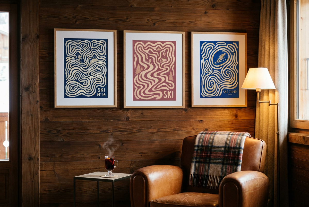 Three vintage ski posters in oak frames on a wood-panelled chalet wall above a leather armchair