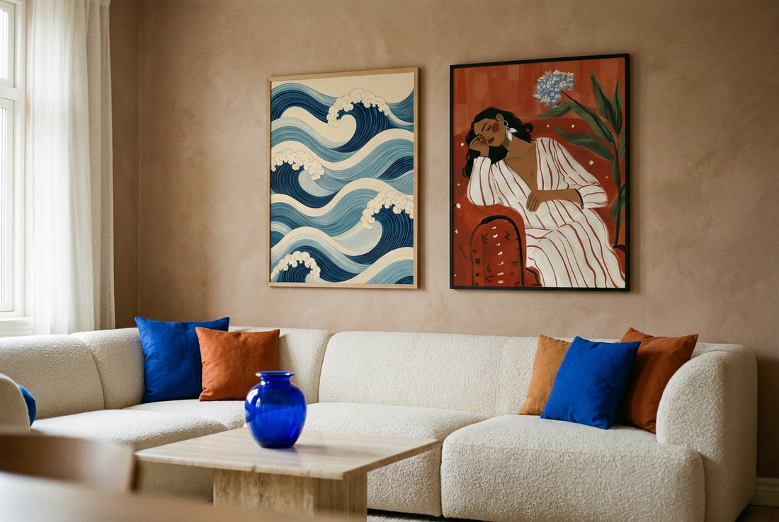 Japanese wave and terracotta woman prints on a clay wall with cobalt accents — 2027 trends