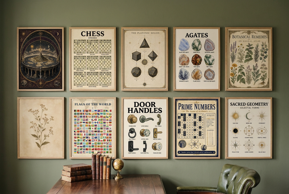 Ten vintage chart prints in oak frames in two rows of five on an olive green study wall