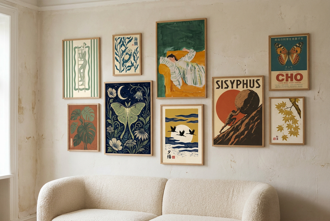 Nine art prints in oak frames in the 2027 palette hung salon style above a cream boucle sofa