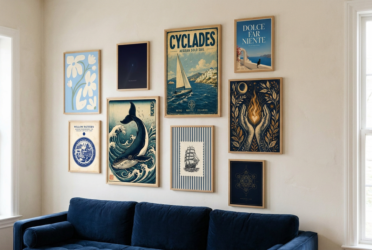 Nine blue art prints in oak frames hung salon style above a navy velvet sofa