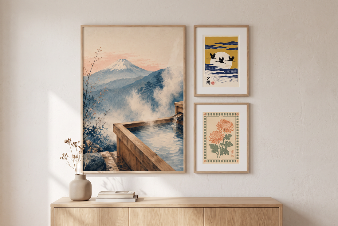 A gallery wall of NoirPixelGallery prints: a large Mount Fuji hot spring print in an oak frame, with a crane print and a chrysanthemum print stacked beside it in matted oak frames