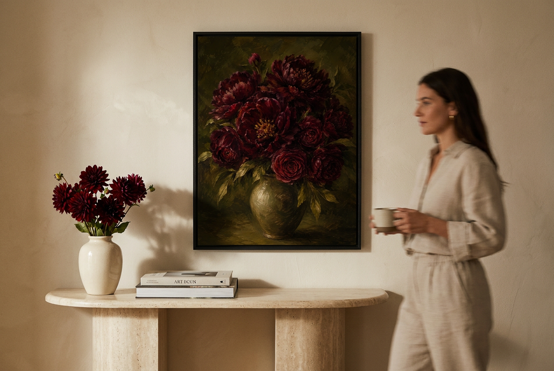 Burgundy peony statement art print in a black frame on a limewash wall