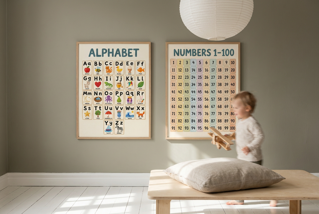 Child in motion blur running past framed alphabet and numbers charts in a Scandinavian playroom
