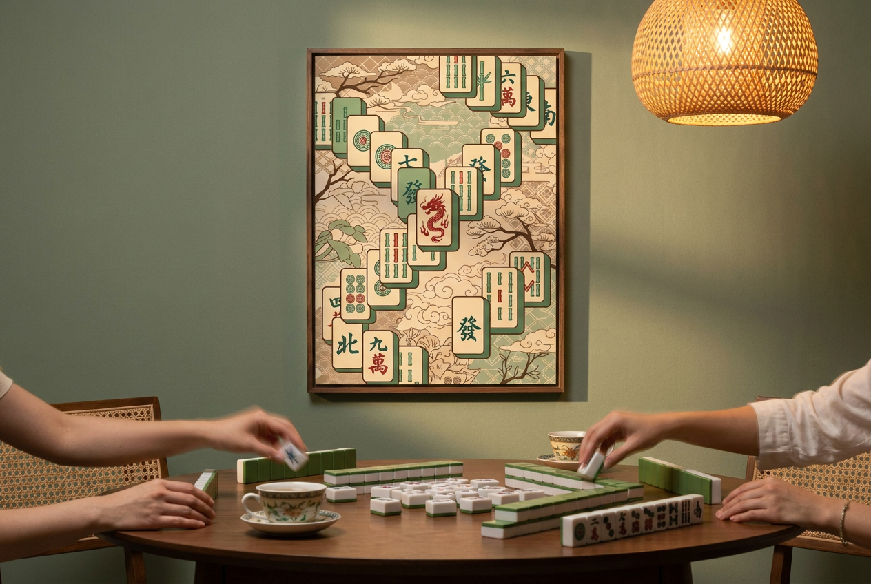 Framed mahjong tiles art print above a game table with real tiles and tea