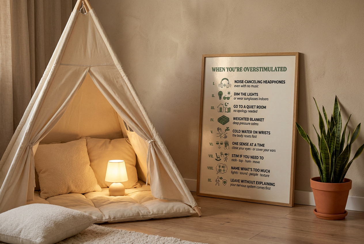 Cozy calm-down corner with a play tent and a framed when overstimulated chart