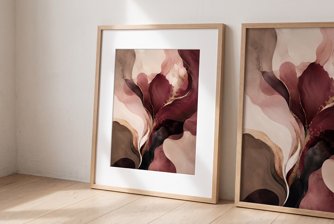 The same burgundy floral print shown twice in oak frames, once with a wide white passepartout and once without
