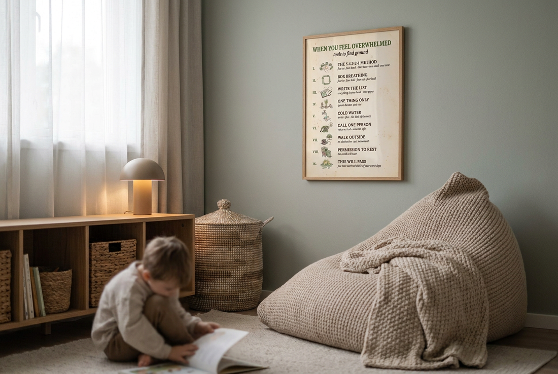 Calm reading corner with a framed grounding techniques chart and a child on a beanbag