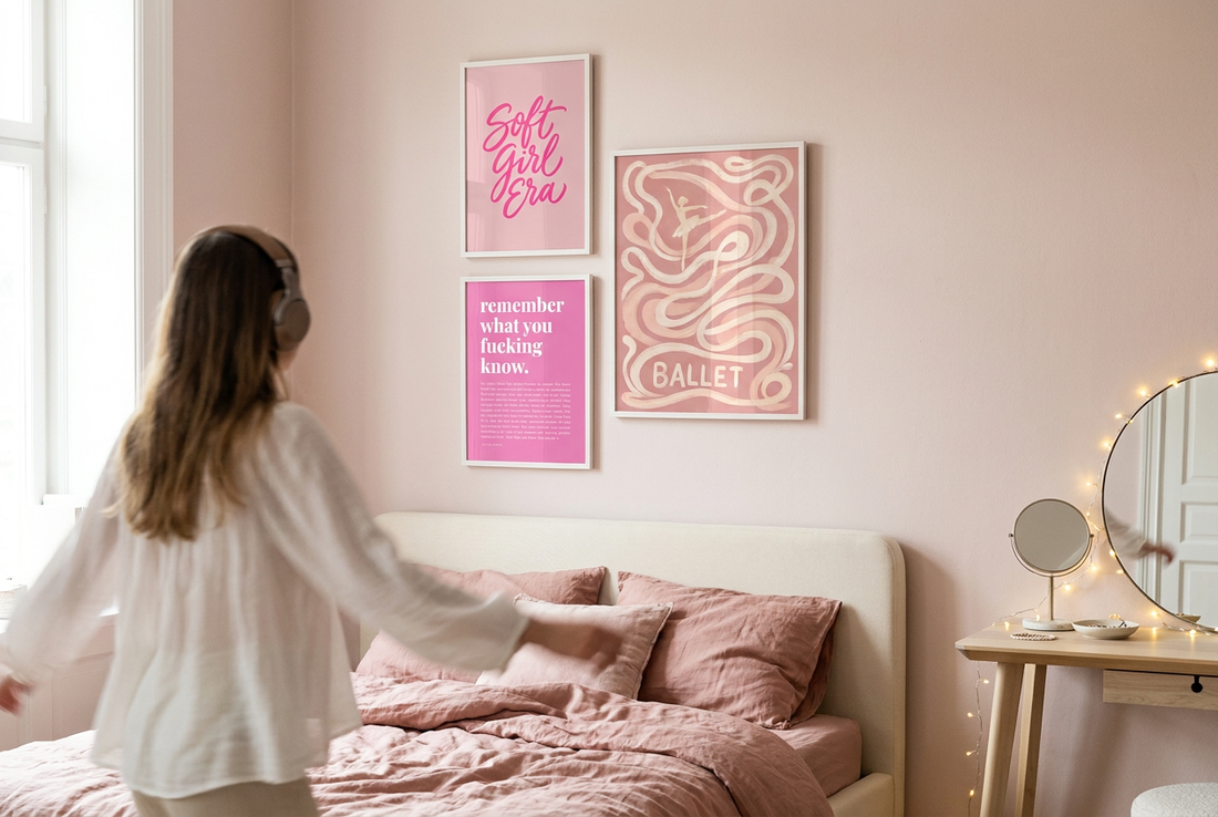 Teen girl's bedroom with a pink gallery wall of three framed prints