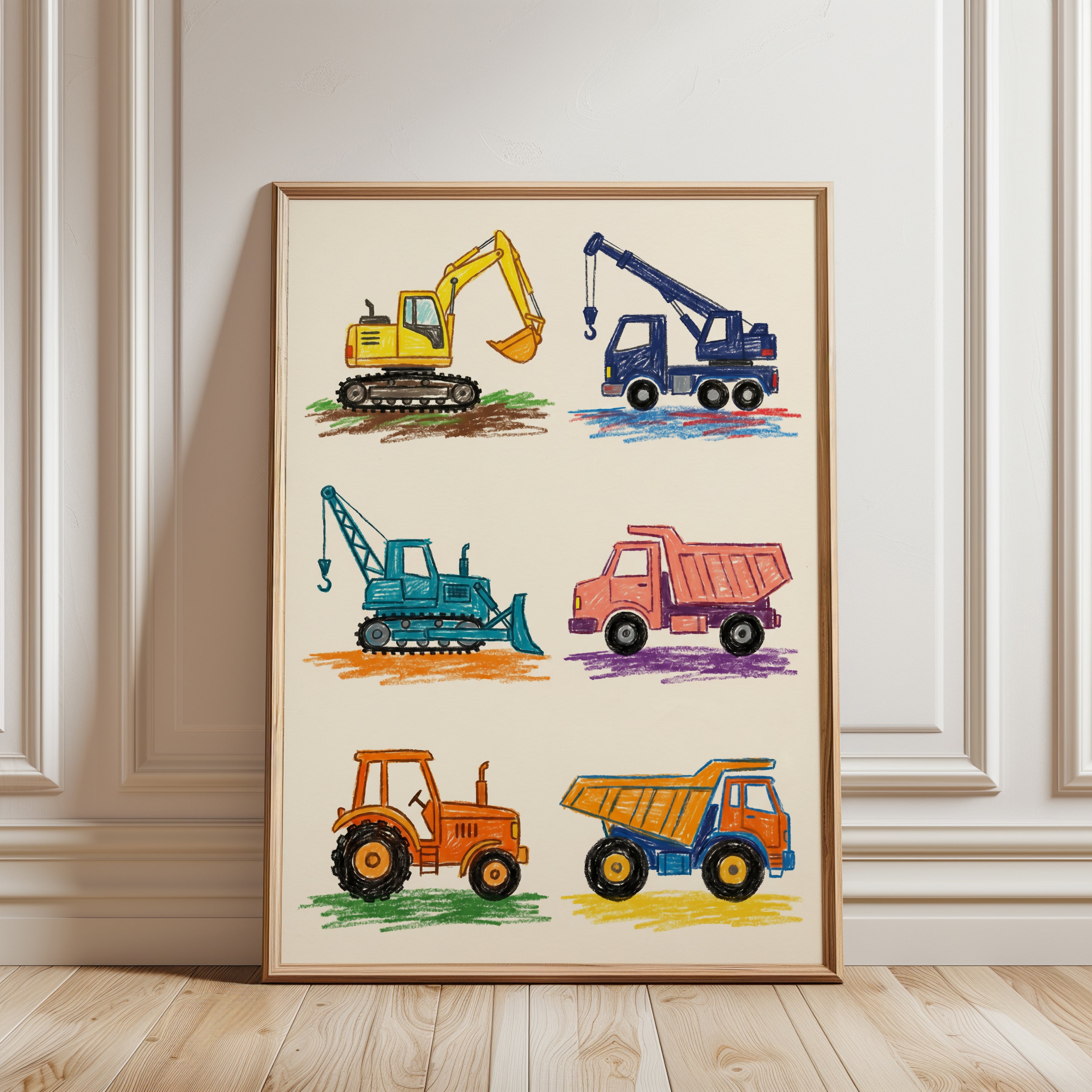 Kids Room Decor, Little Builders Wall Art Print — Construction Trucks