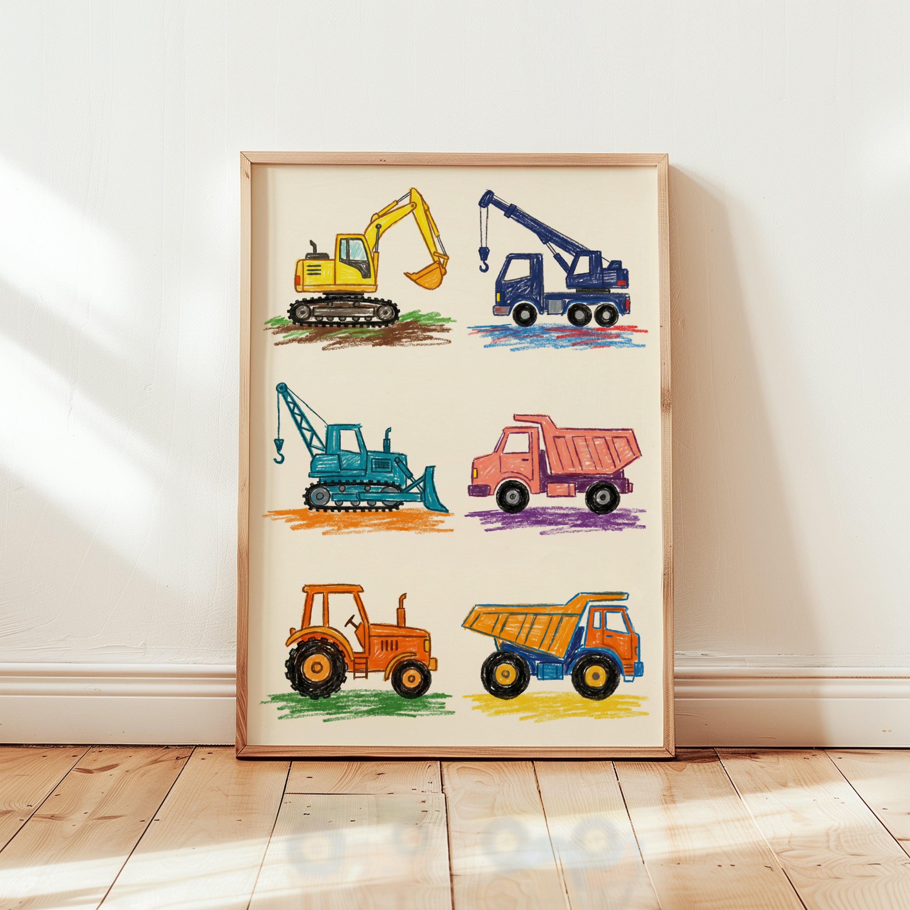 Kids Room Decor, Little Builders Wall Art Print — Construction Trucks