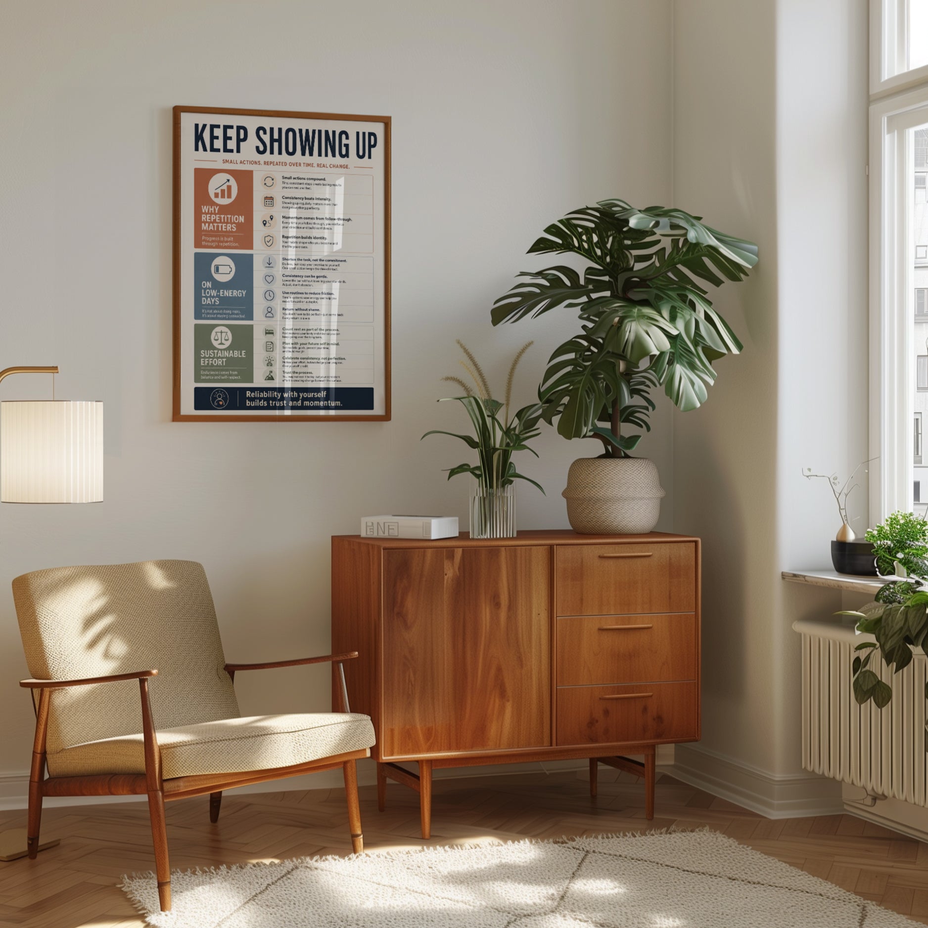 Motivational Poster: Keep Showing Up Habit Guide for Office & Bedroom - interior