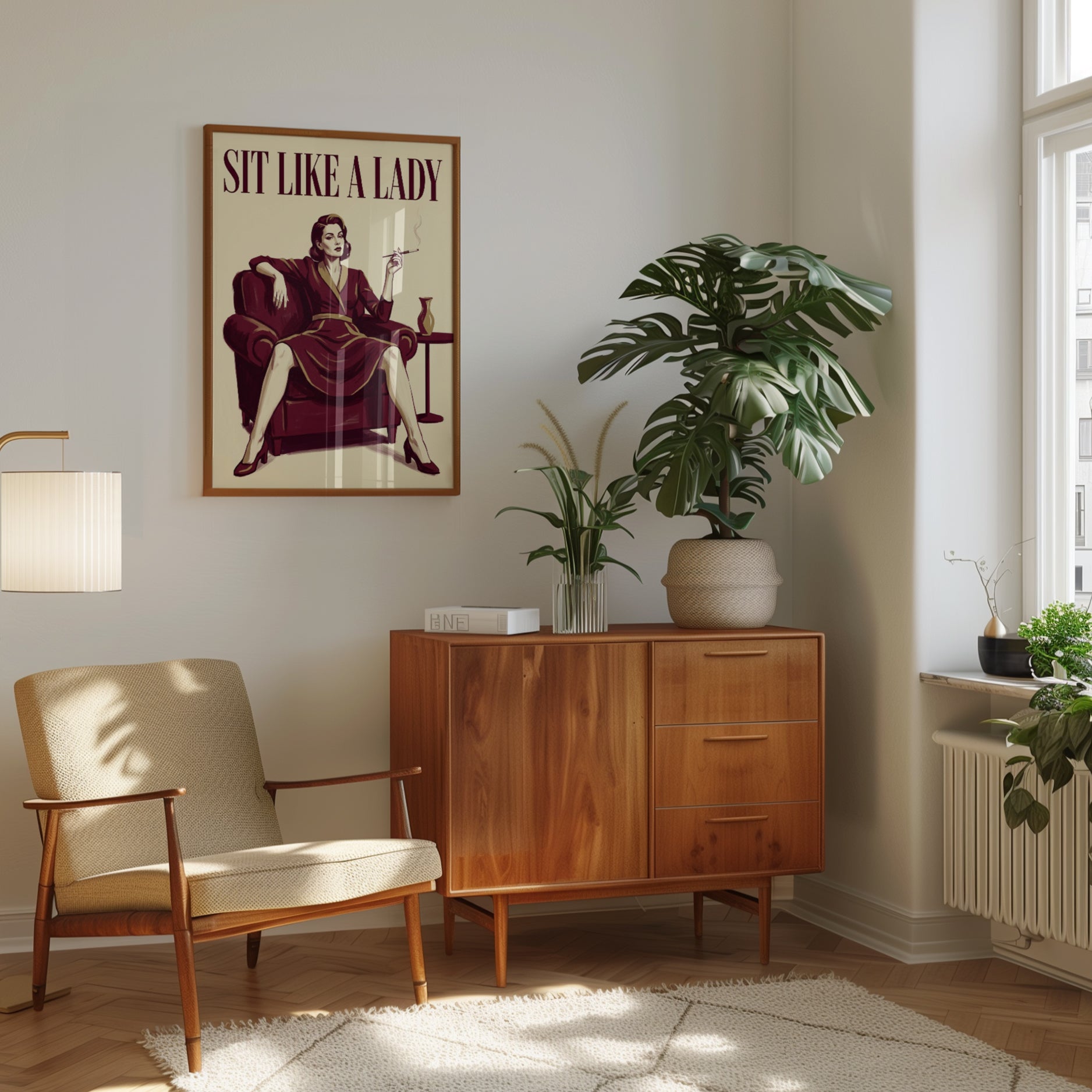 Sit Like a Lady Vintage Poster: Art Deco Burgundy Lounge Print - interior