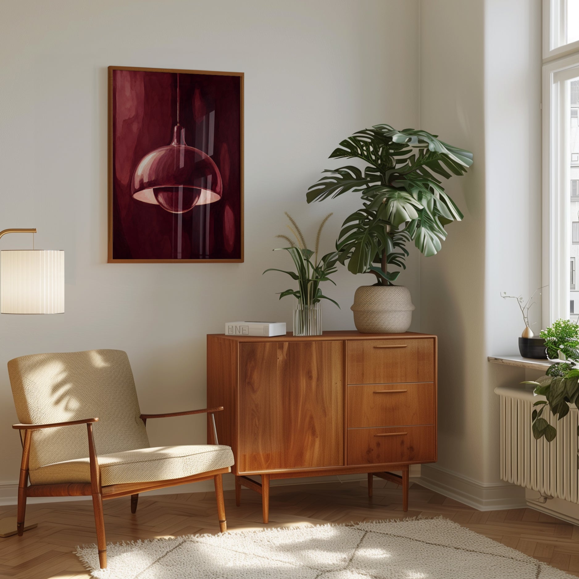 Burgundy Pendant Lamp Art Print: Modern Interior Design - interior