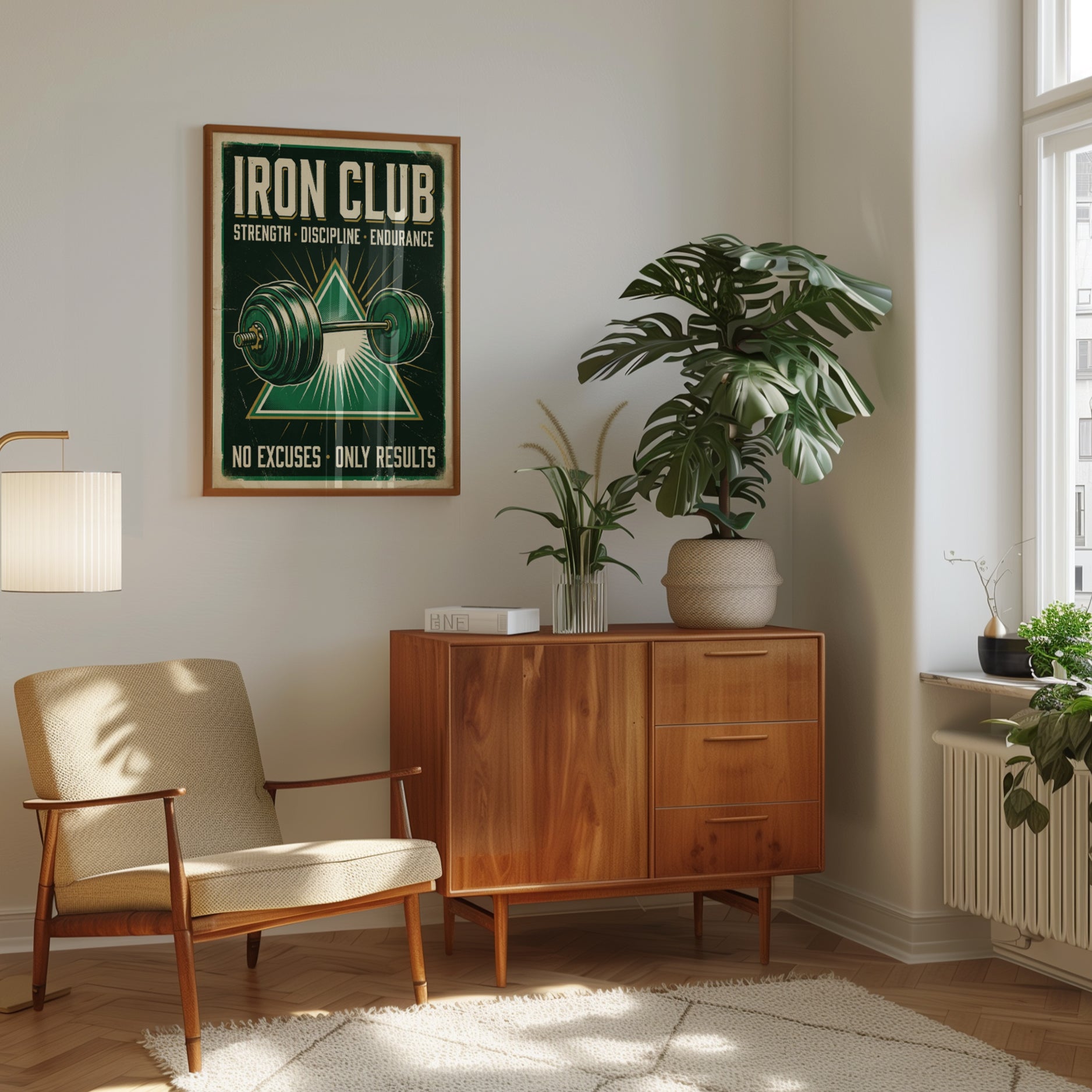 Iron Club Barbell Poster: Vintage Green Gym Motivation Art Print - interior