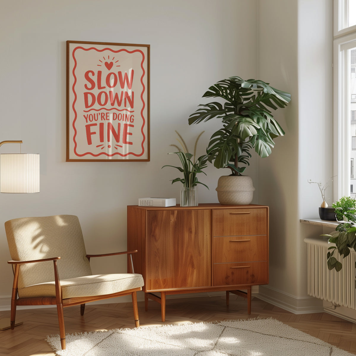 Slow Down You're Doing Fine Print: Positive Quote Art (Coral Red) - interior