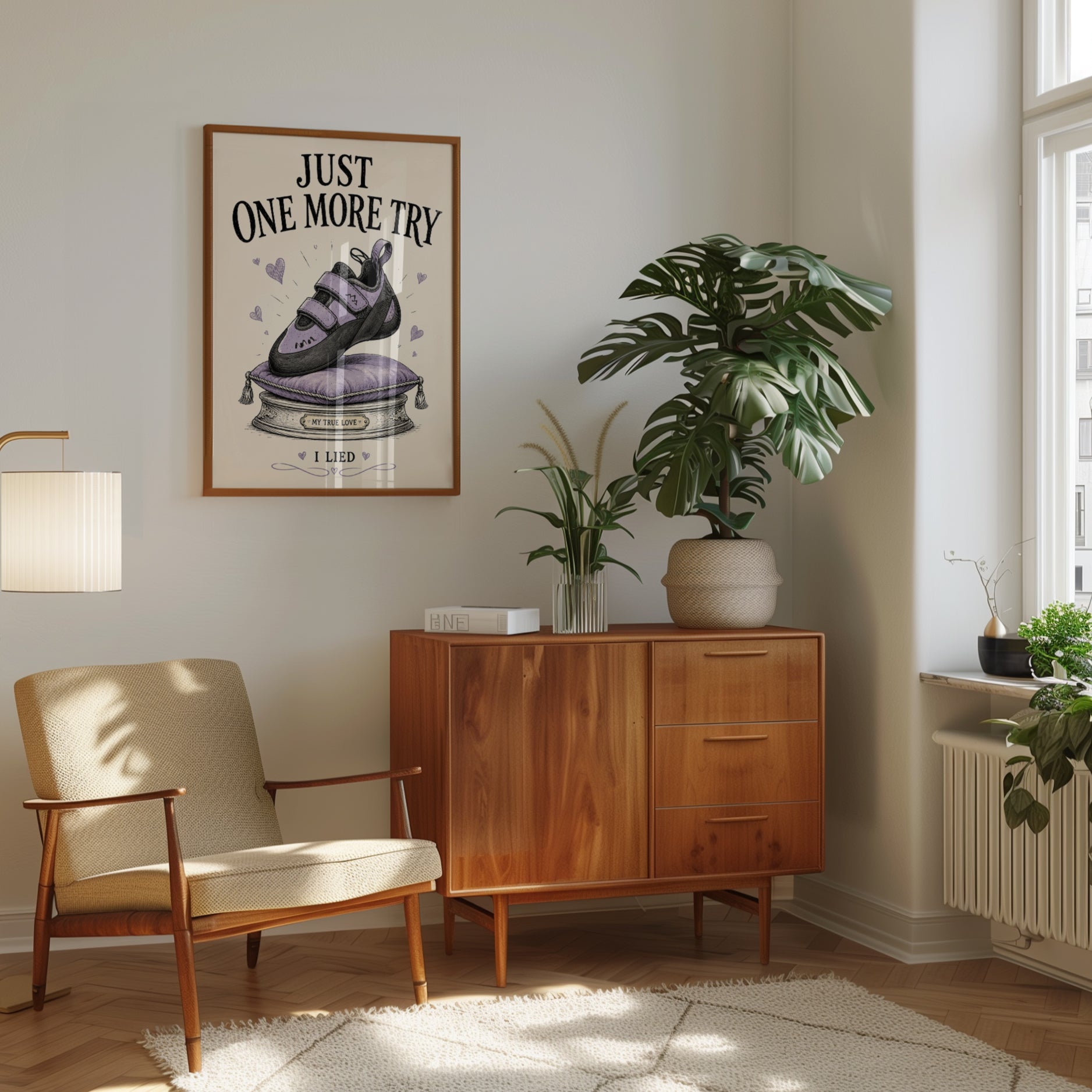 Just One More Try Climbing Shoe Print: Motivational Purple Art - interior