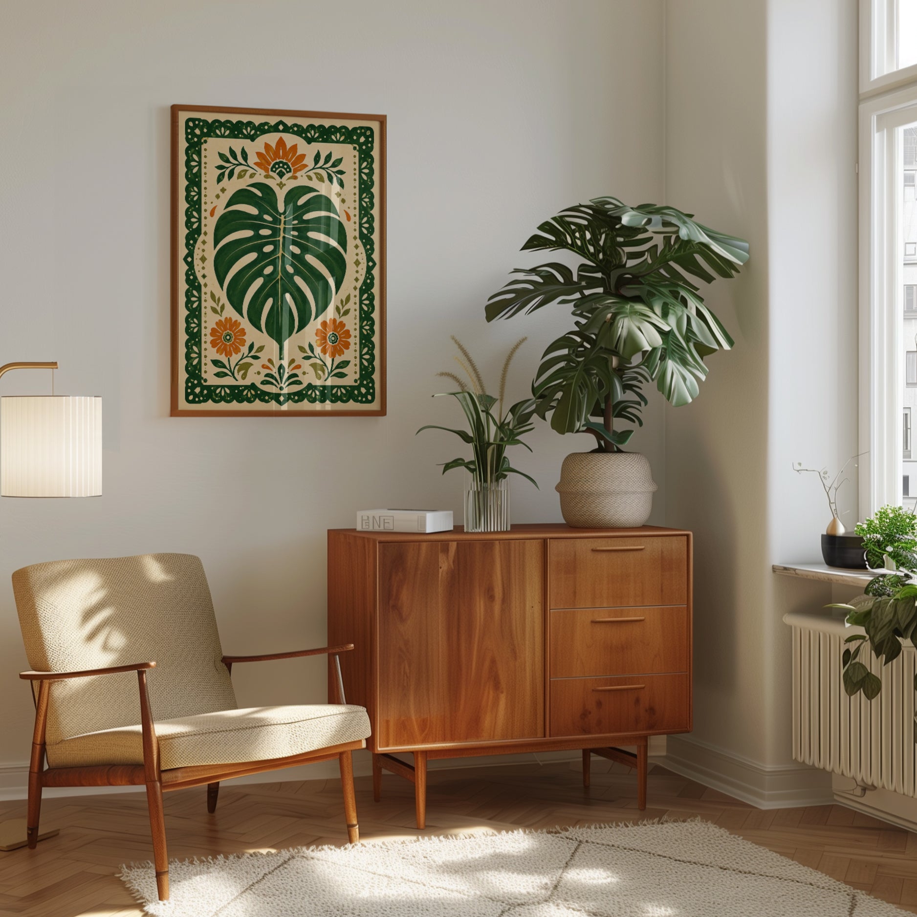 Folk Art Botanical Print – Monstera Wall Art - interior