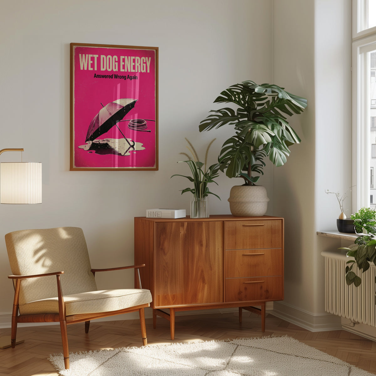 Wet Dog Energy Retro Poster: Pink Pop Art Graphic Design - interior