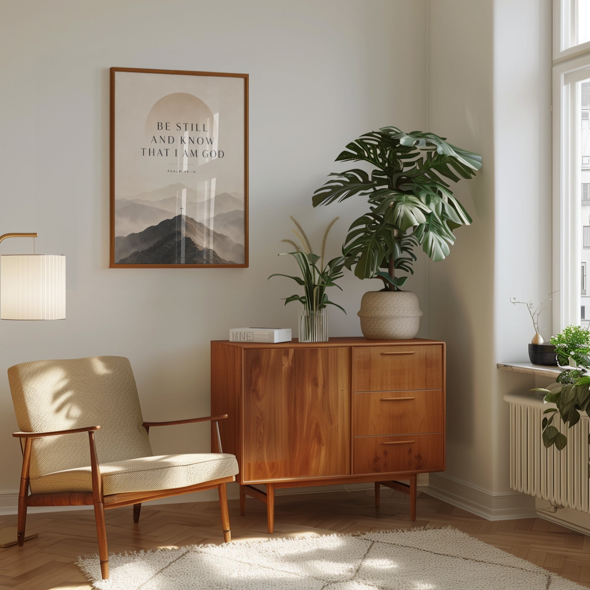 Be Still and Know Psalm 46:10 Print: Minimalist Mountain Cross Art - interior