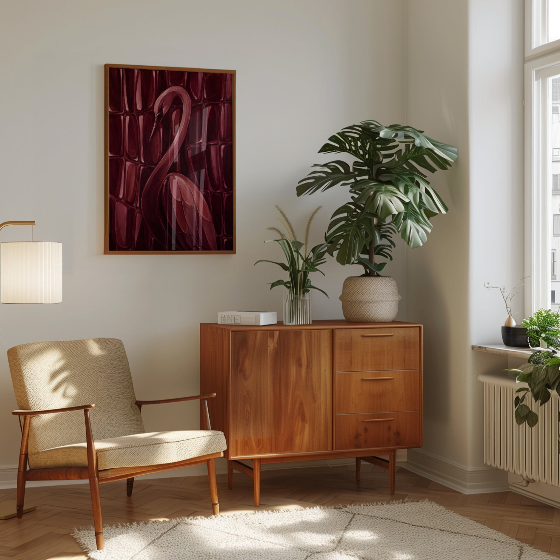 Burgundy Flamingo Art Print: Geometric Abstract Bird Design - interior